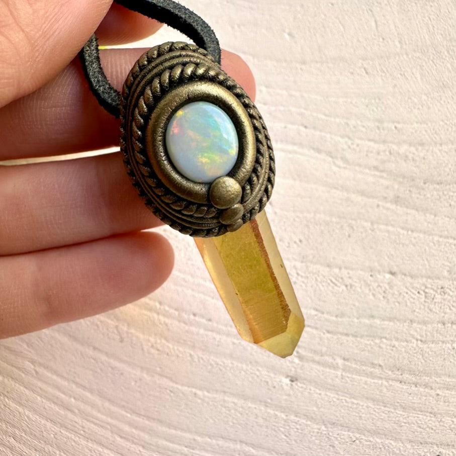 Boho gemstone necklace featuring Sunset Aura Quartz and Australian Opal