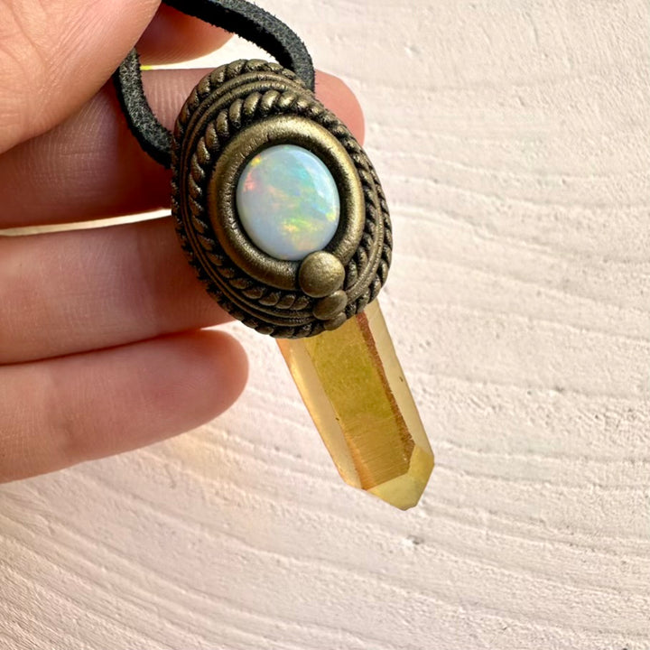 Boho gemstone necklace featuring Sunset Aura Quartz and Australian Opal