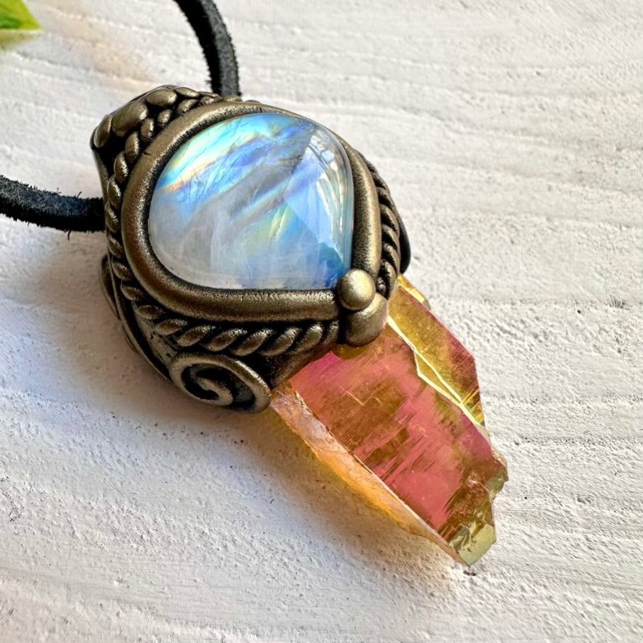 Natural gemstone pendant with Sunset Aura Quartz and Rainbow Moonstone