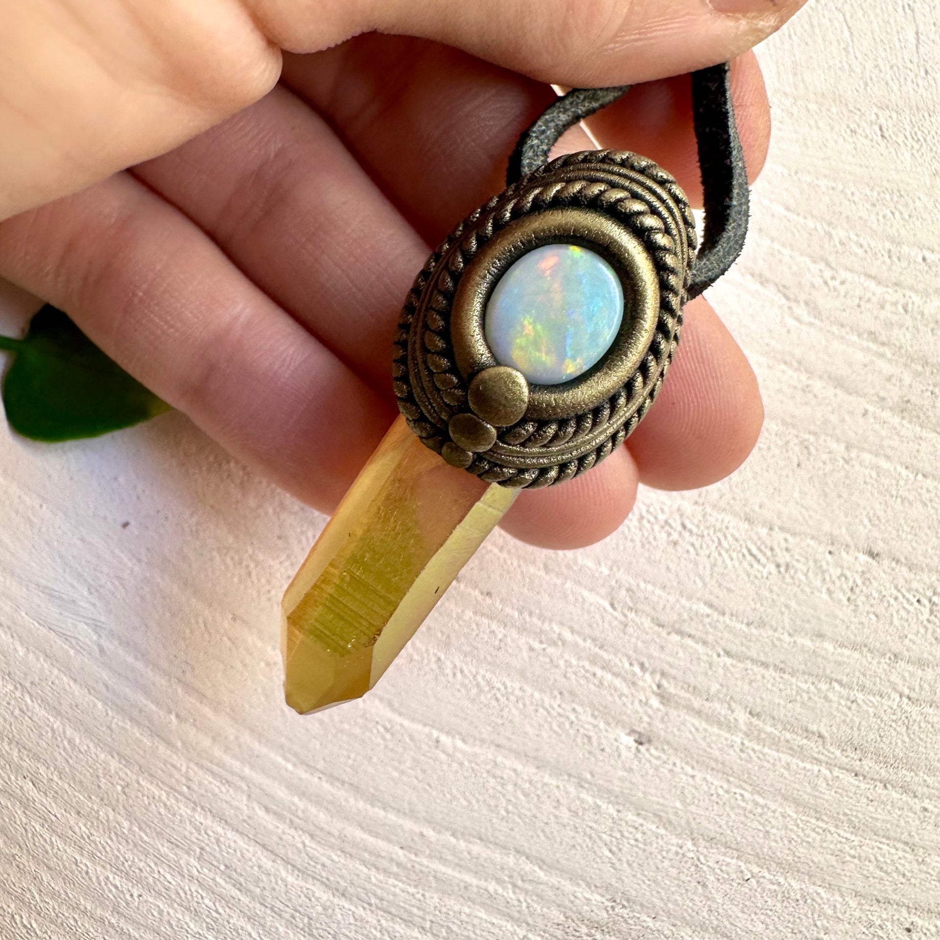 Sunset Aura Quartz and Australian Opal pendant necklace – handmade crystal jewelry