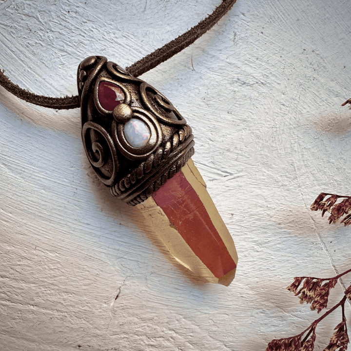 Sunset Aura Quartz Australian Opal and Ruby Necklace - FairyGardenGlow