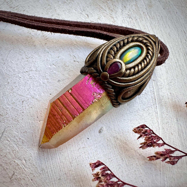 Sunset Aura Quartz with Australian Opal and Ruby Pendant Necklace - FairyGardenGlow