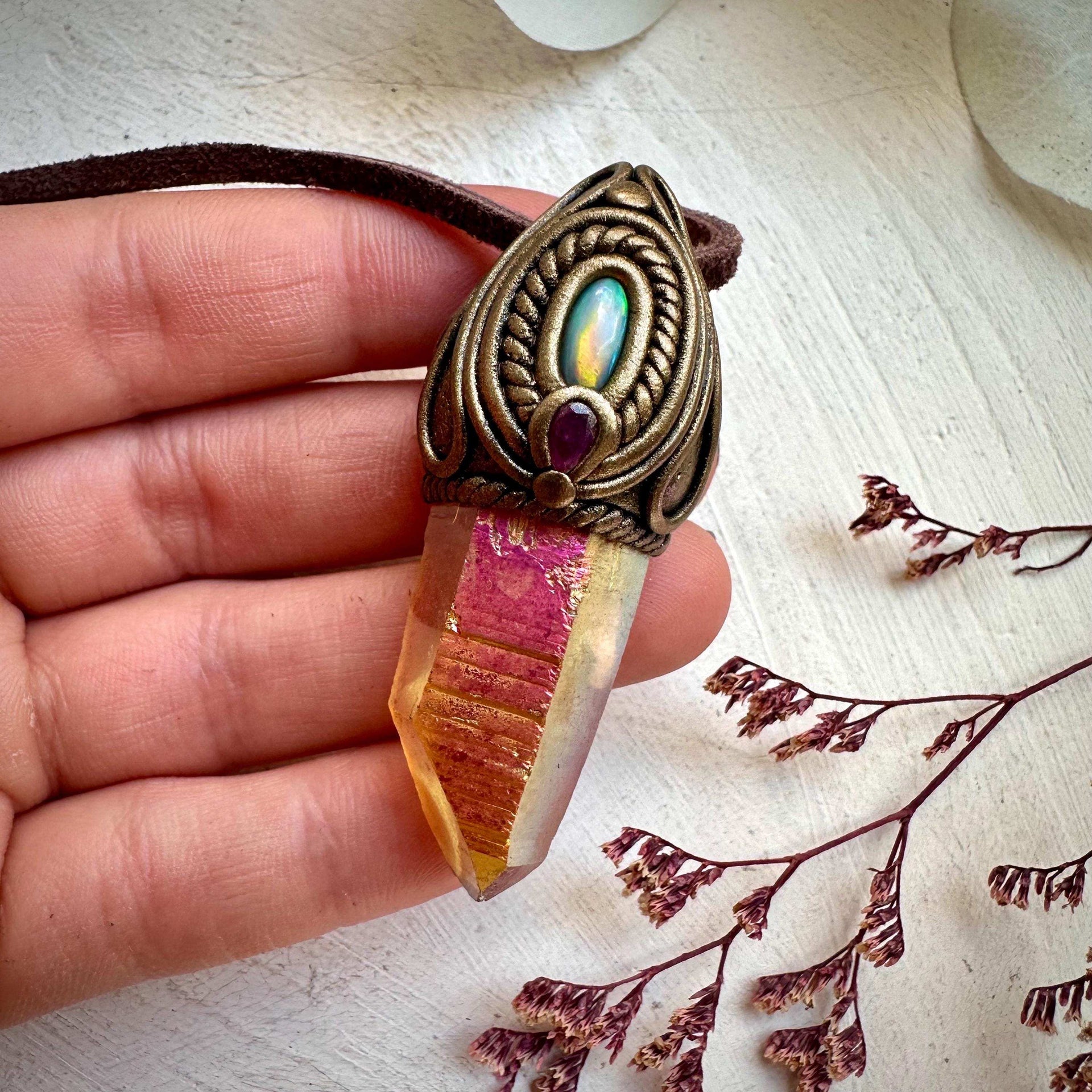 Sunset Aura Quartz with Australian Opal and Ruby Pendant Necklace - FairyGardenGlow