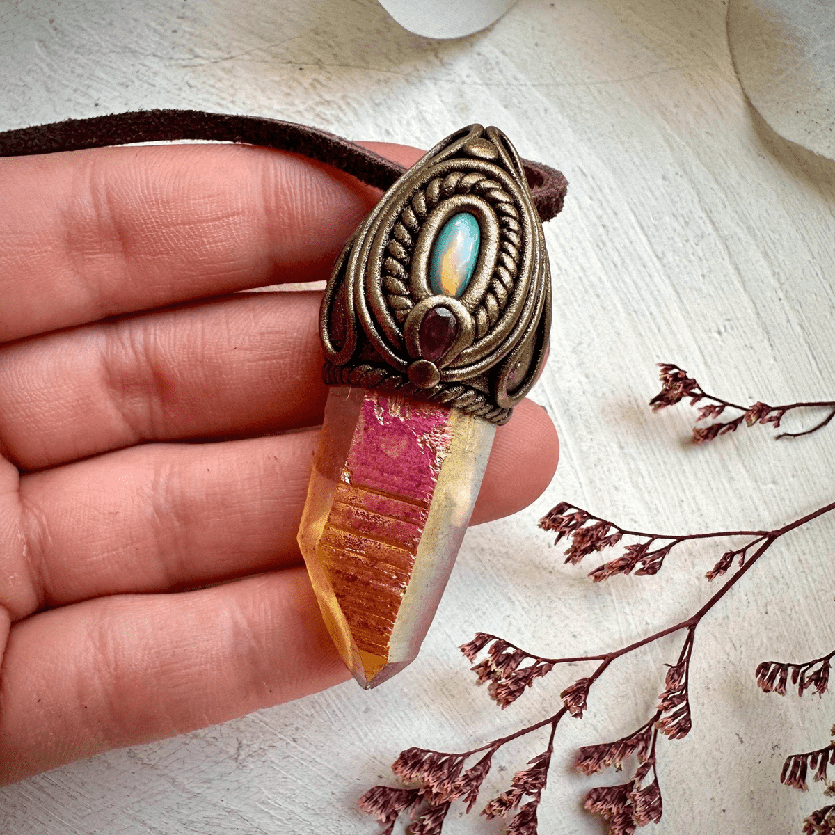 Sunset Aura Quartz with Australian Opal and Ruby Pendant Necklace - FairyGardenGlow
