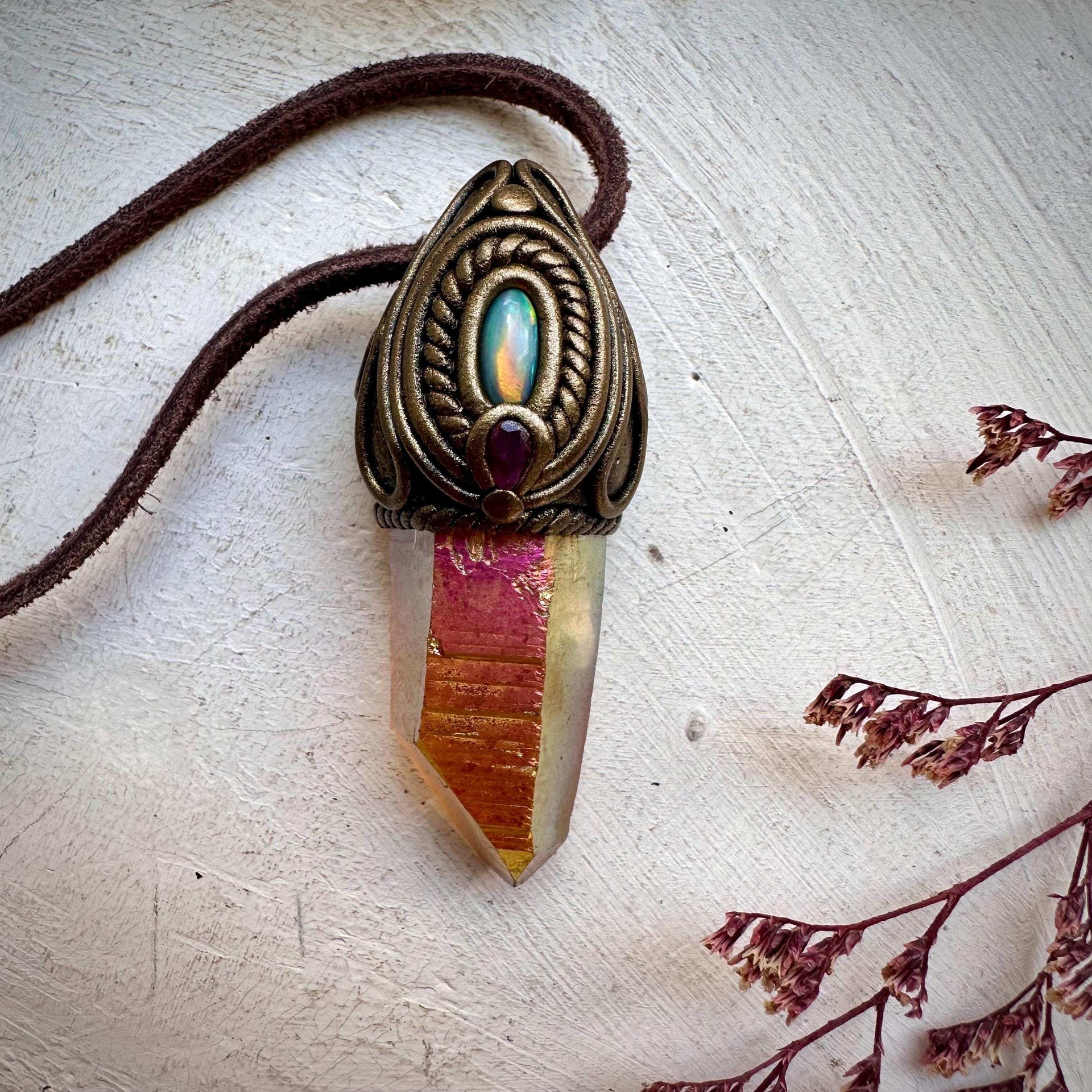 Sunset Aura Quartz with Australian Opal and Ruby Pendant Necklace - FairyGardenGlow