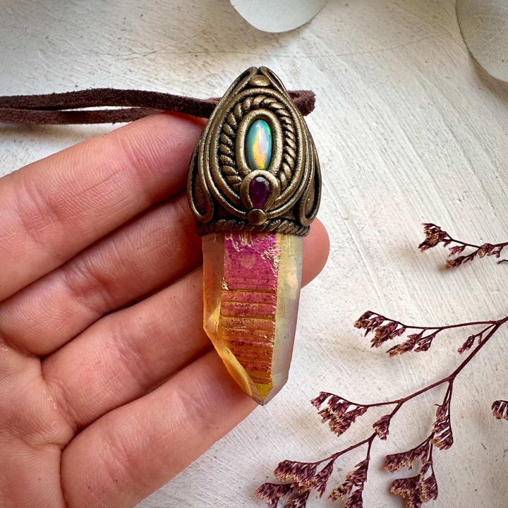 Sunset Aura Quartz with Australian Opal and Ruby Pendant Necklace - FairyGardenGlow