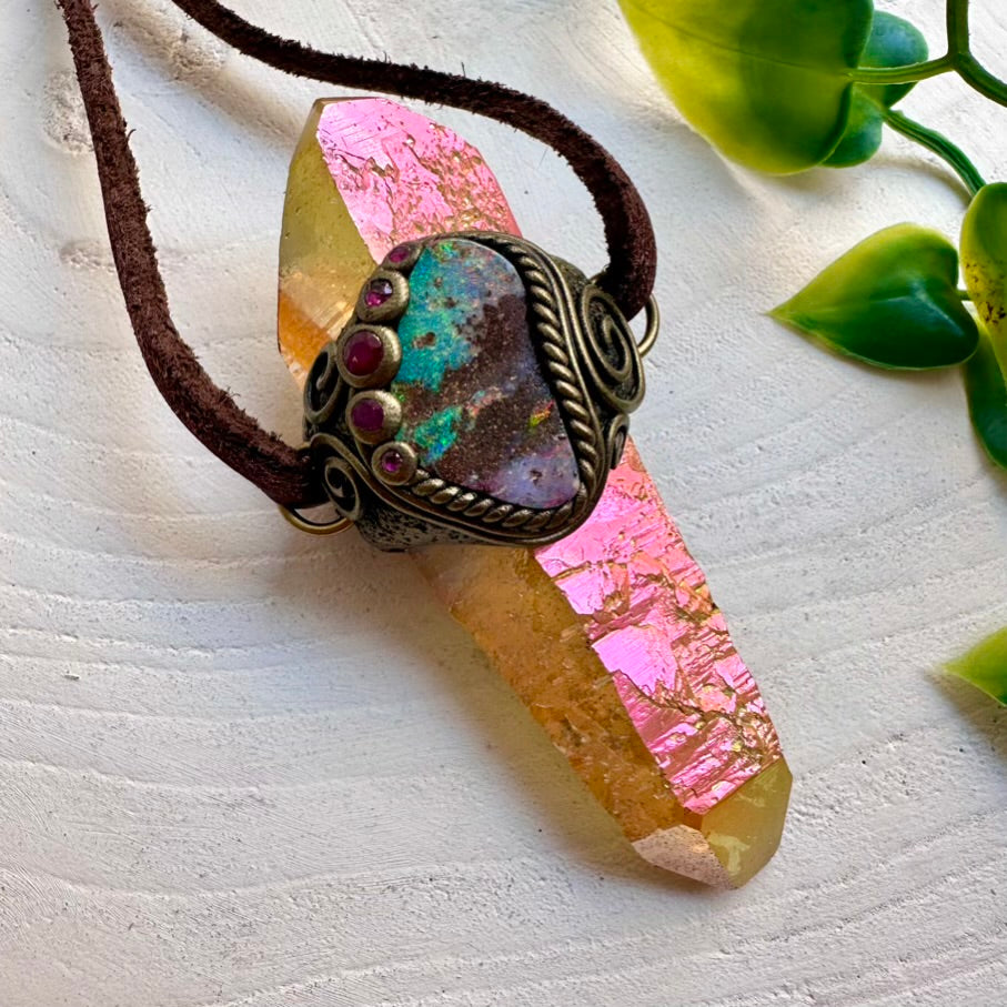 Handmade crystal wand pendant with double terminated Sunset Aura Quartz, Boulder Opal and Ruby