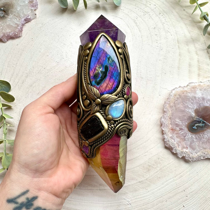Sunset aura quartz crystal wand with amethyst labradorite moonstone tourmaline ruby and charoite