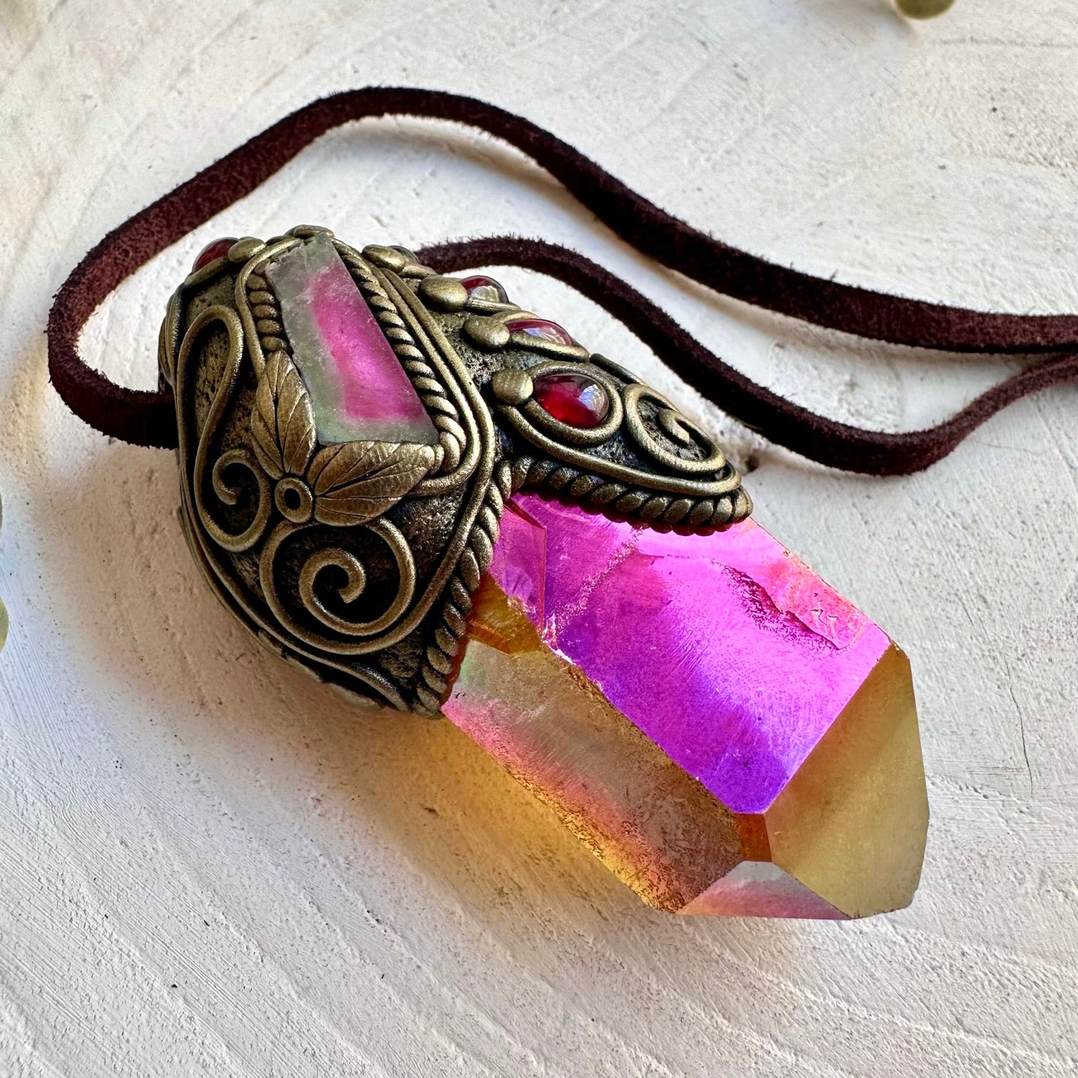 Handmade Sunset Aura Quartz healing crystal talisman necklace featuring Watermelon Tourmaline and Rhodolite Garnet, a one of a kind gemstone jewelry piece. Crafted with genuine natural crystals for a meaningful and unique crystal talisman.