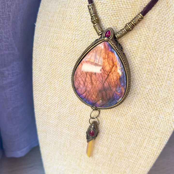 Large Sunset Labradorite necklace with Sunset Aura Quartz and Rhodolite Garnet gemstones