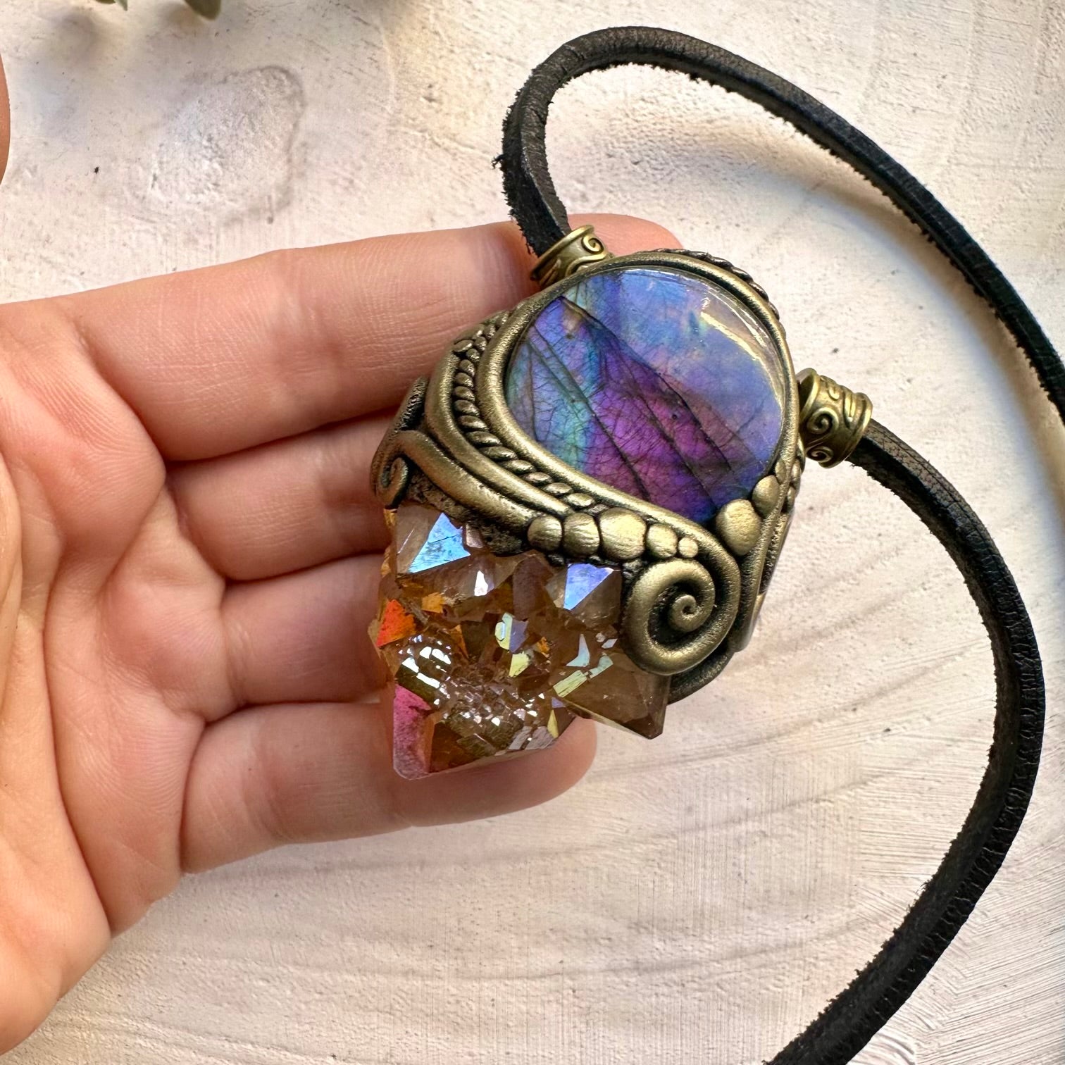 Handmade necklace featuring sunset aura quartz and labradorite