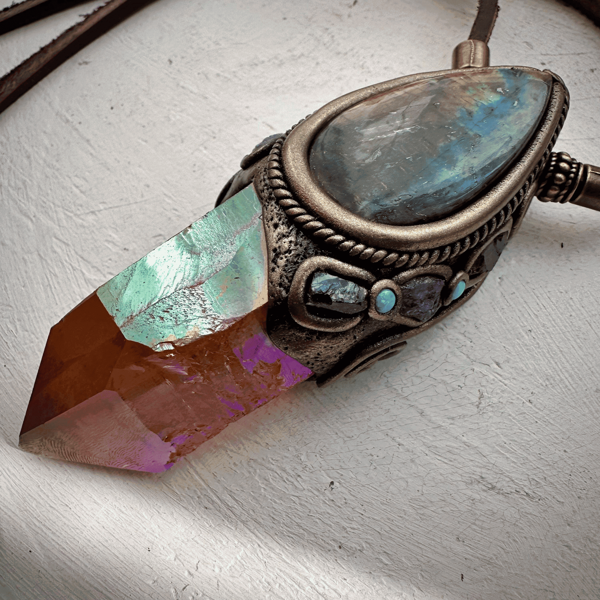 Sunset Aura Quartz Labradorite Red Garnet and Tanzanite Wand / Necklace - FairyGardenGlow