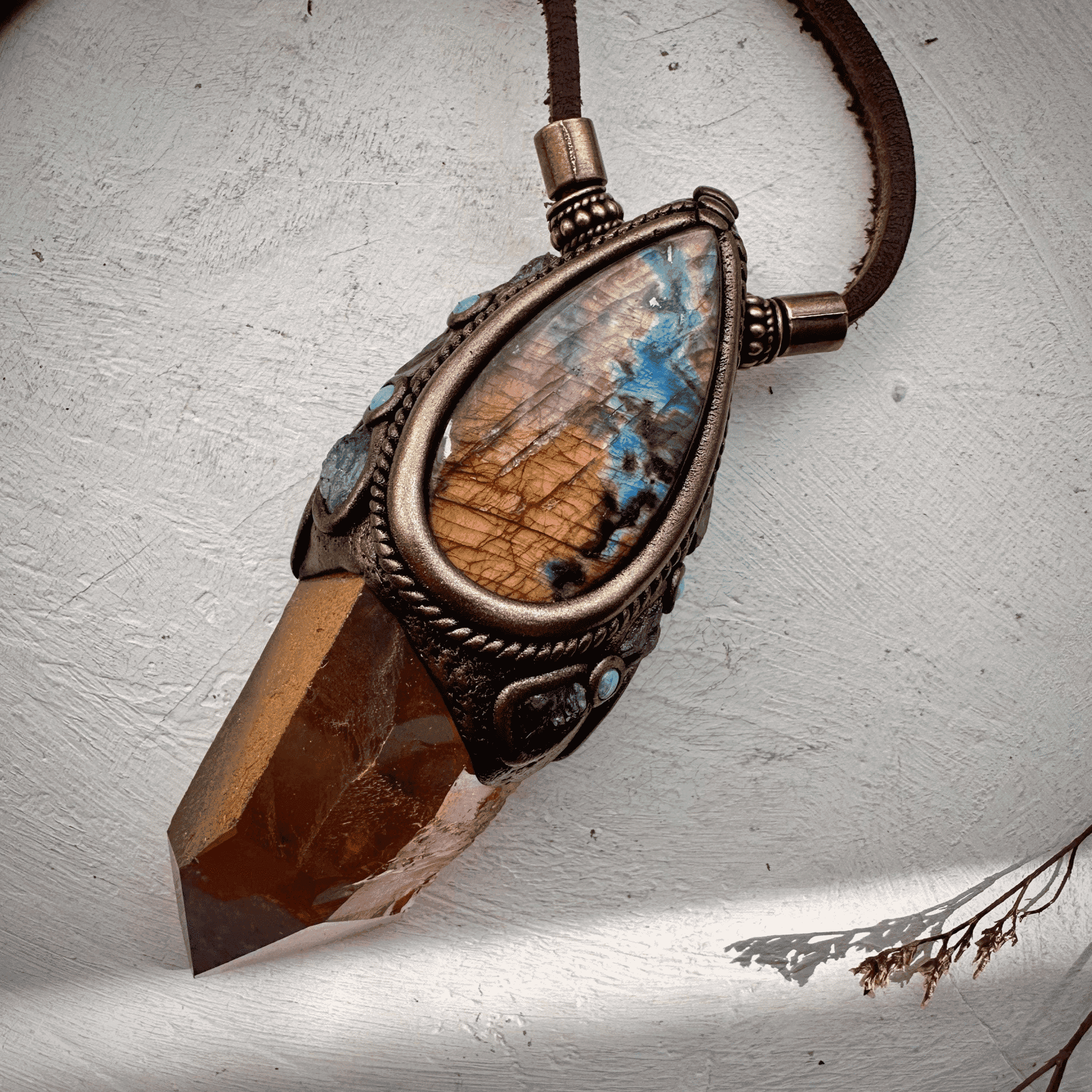 Sunset Aura Quartz Labradorite Red Garnet and Tanzanite Wand / Necklace - FairyGardenGlow