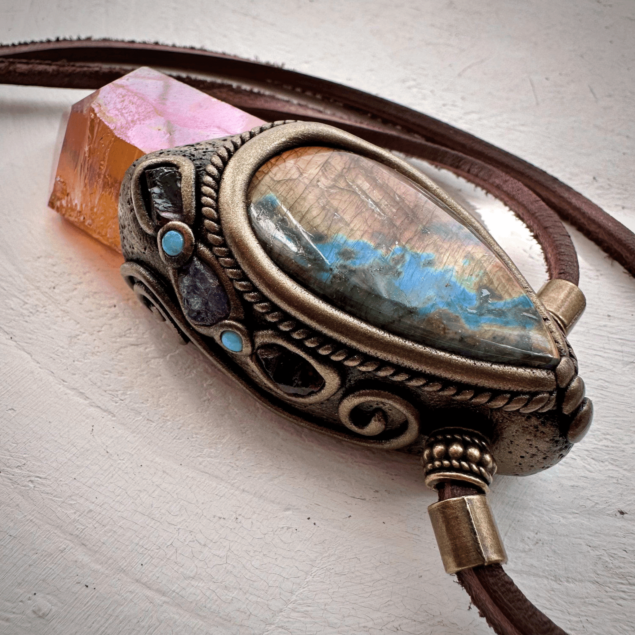 Sunset Aura Quartz Labradorite Red Garnet and Tanzanite Wand / Necklace - FairyGardenGlow