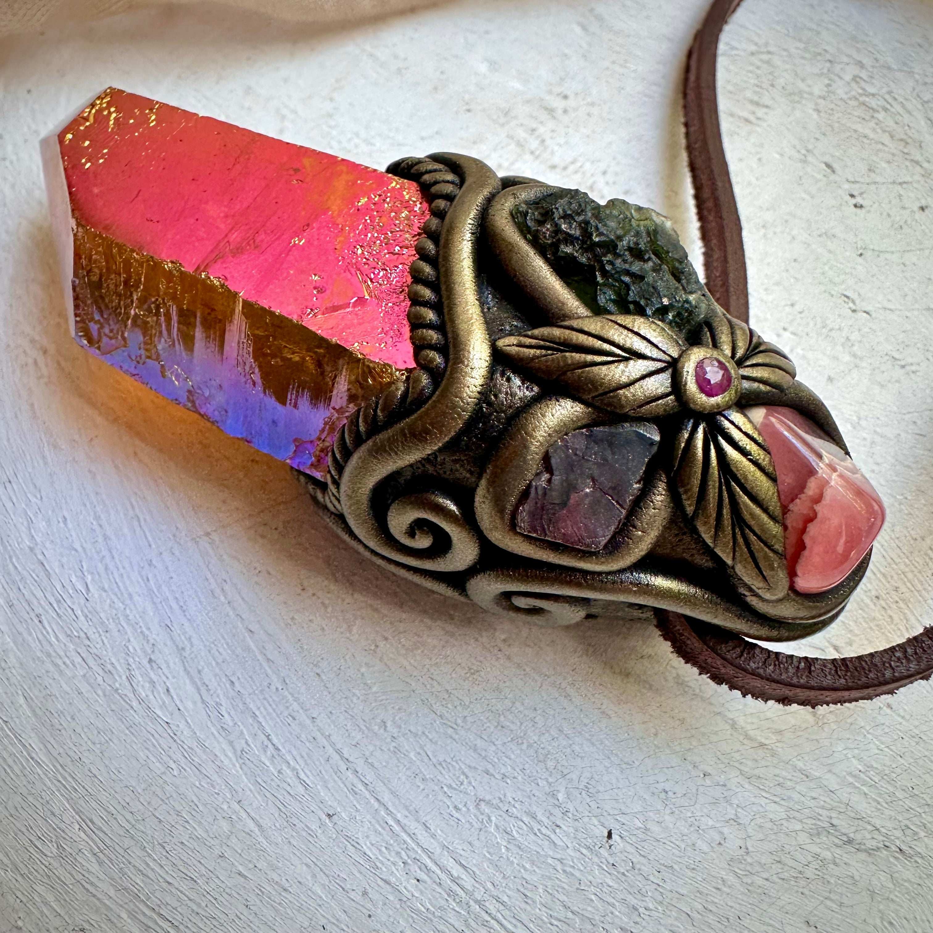 Sunset Aura Quartz Moldavite Rhodochrosite Red Garnet and Ruby Wand/Pendant - FairyGardenGlow