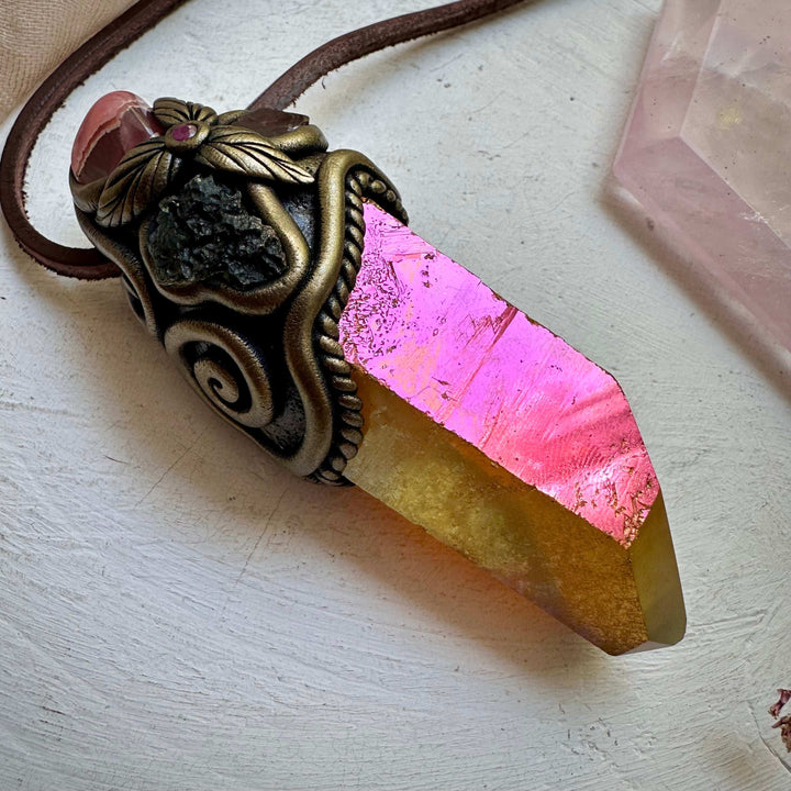 Sunset Aura Quartz Moldavite Rhodochrosite Red Garnet and Ruby Wand/Pendant - FairyGardenGlow