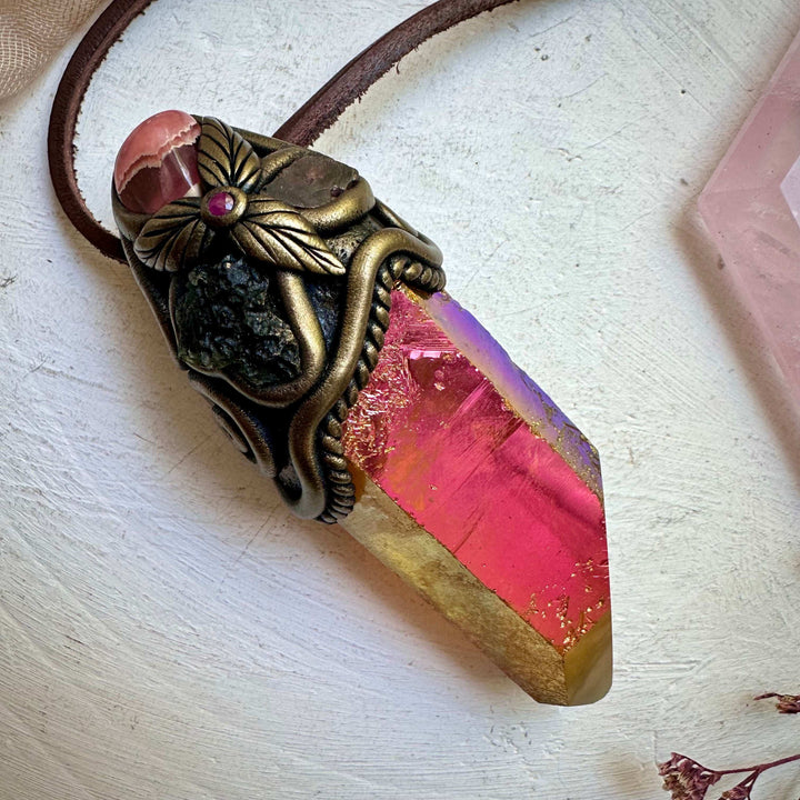 Sunset Aura Quartz Moldavite Rhodochrosite Red Garnet and Ruby Wand/Pendant - FairyGardenGlow