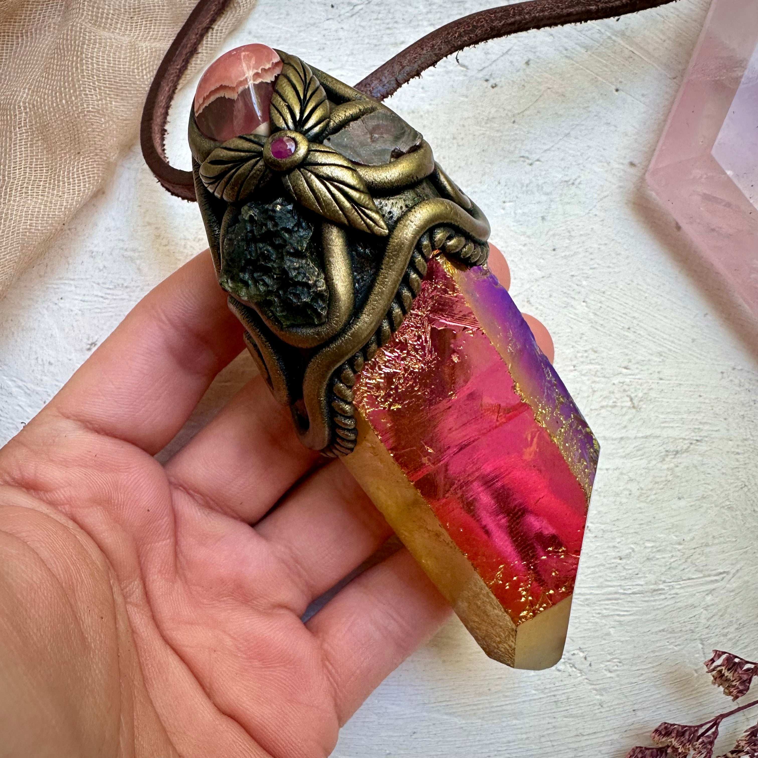 Sunset Aura Quartz Moldavite Rhodochrosite Red Garnet and Ruby Wand/Pendant - FairyGardenGlow