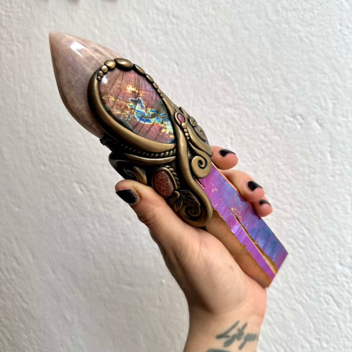 Handmade crystal wand with large Sunset Aura Quartz and Moonstone flame