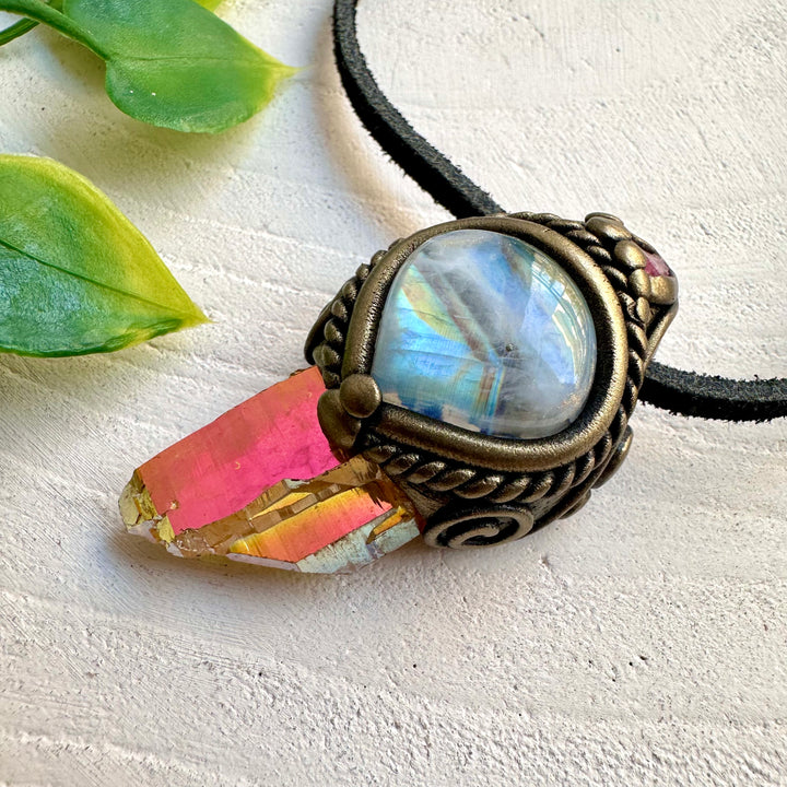Handmade necklace with Sunset Aura Quartz, Moonstone and Spinel