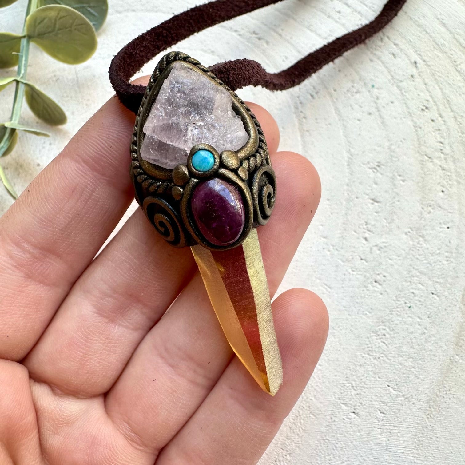 Sunset aura quartz morganite ruby and australian opal necklace