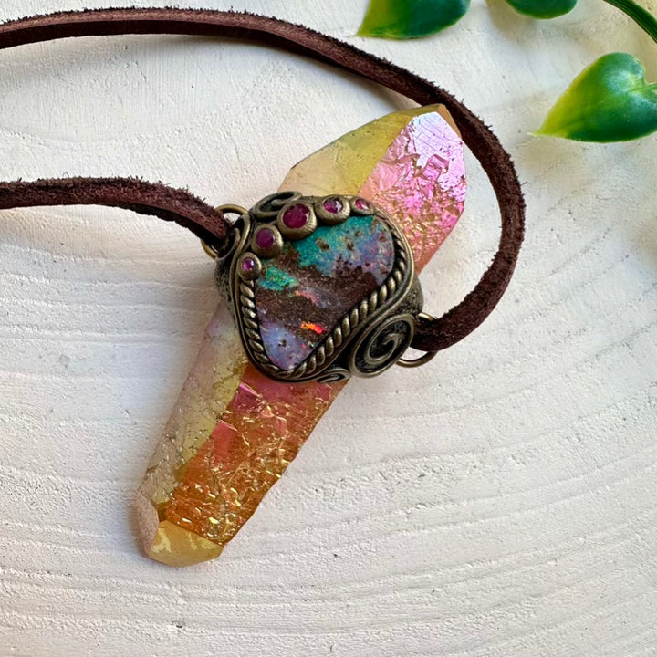 Healing crystal wand featuring Sunset Aura Quartz, Opal and Ruby