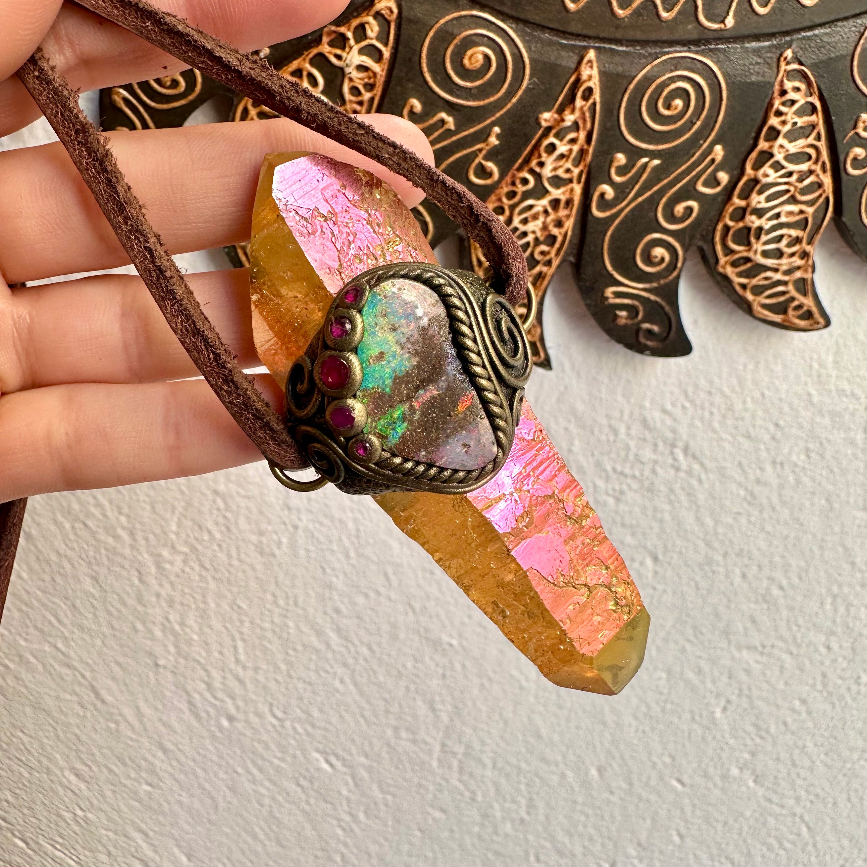 Spiritual jewelry wand with Sunset Aura Quartz and Ruby gemstones