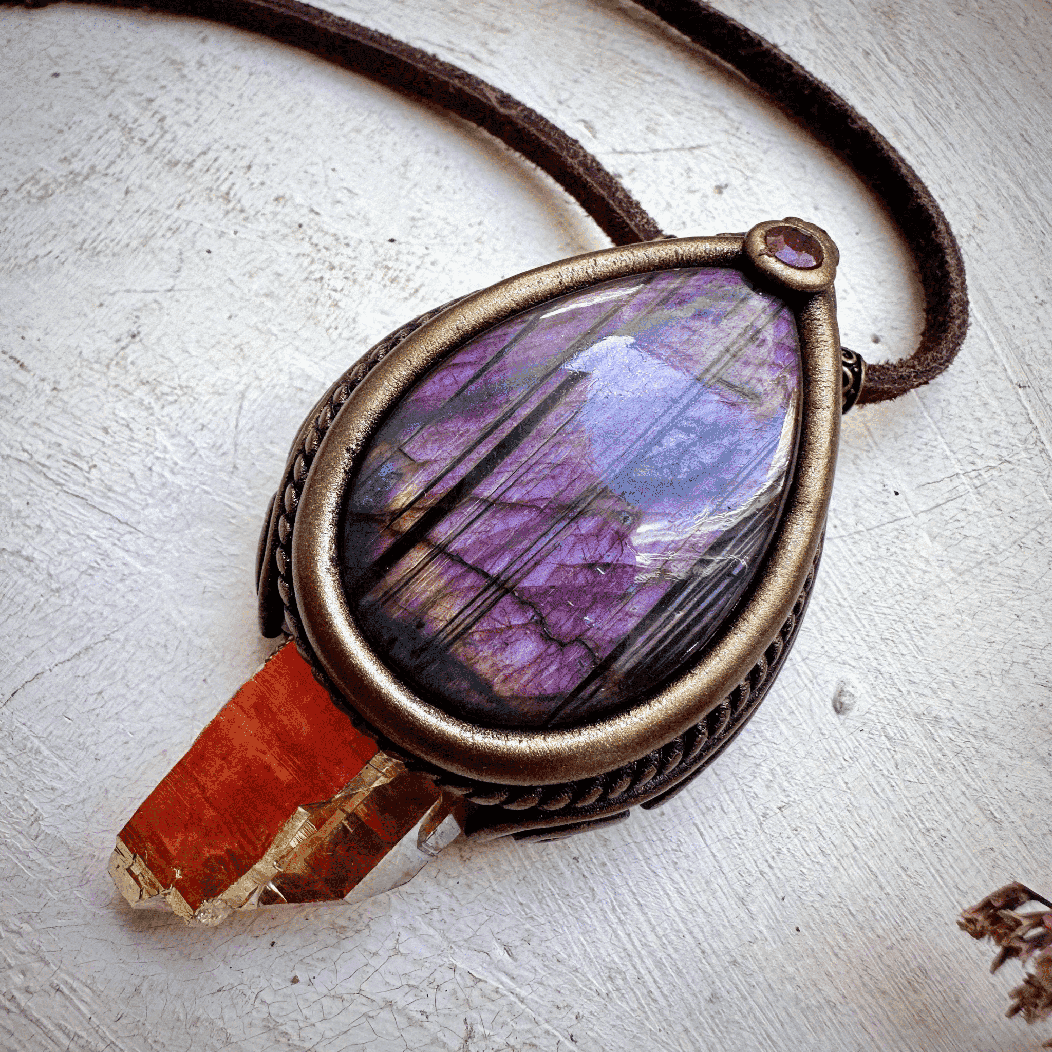 Sunset Aura Quartz with Purple Labradorite and Ruby Necklace - FairyGardenGlow