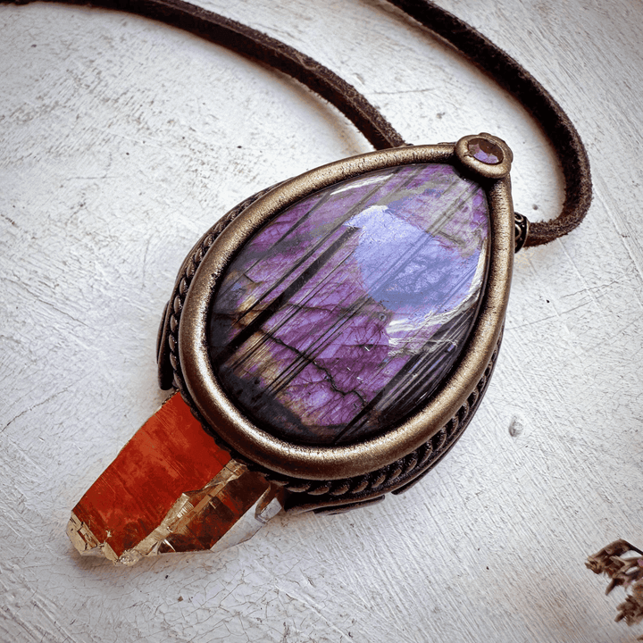 Sunset Aura Quartz with Purple Labradorite and Ruby Necklace - FairyGardenGlow