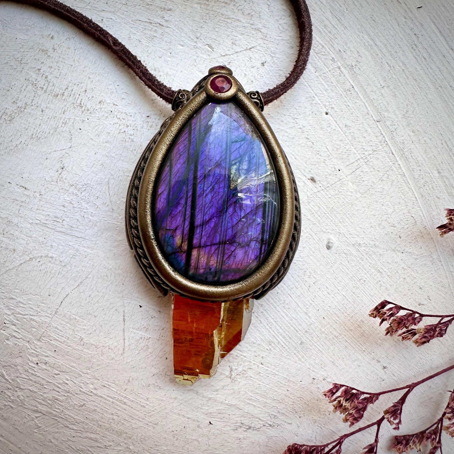 Sunset Aura Quartz with Purple Labradorite and Ruby Necklace - FairyGardenGlow