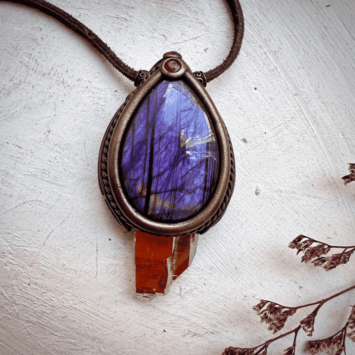 Sunset Aura Quartz with Purple Labradorite and Ruby Necklace - FairyGardenGlow