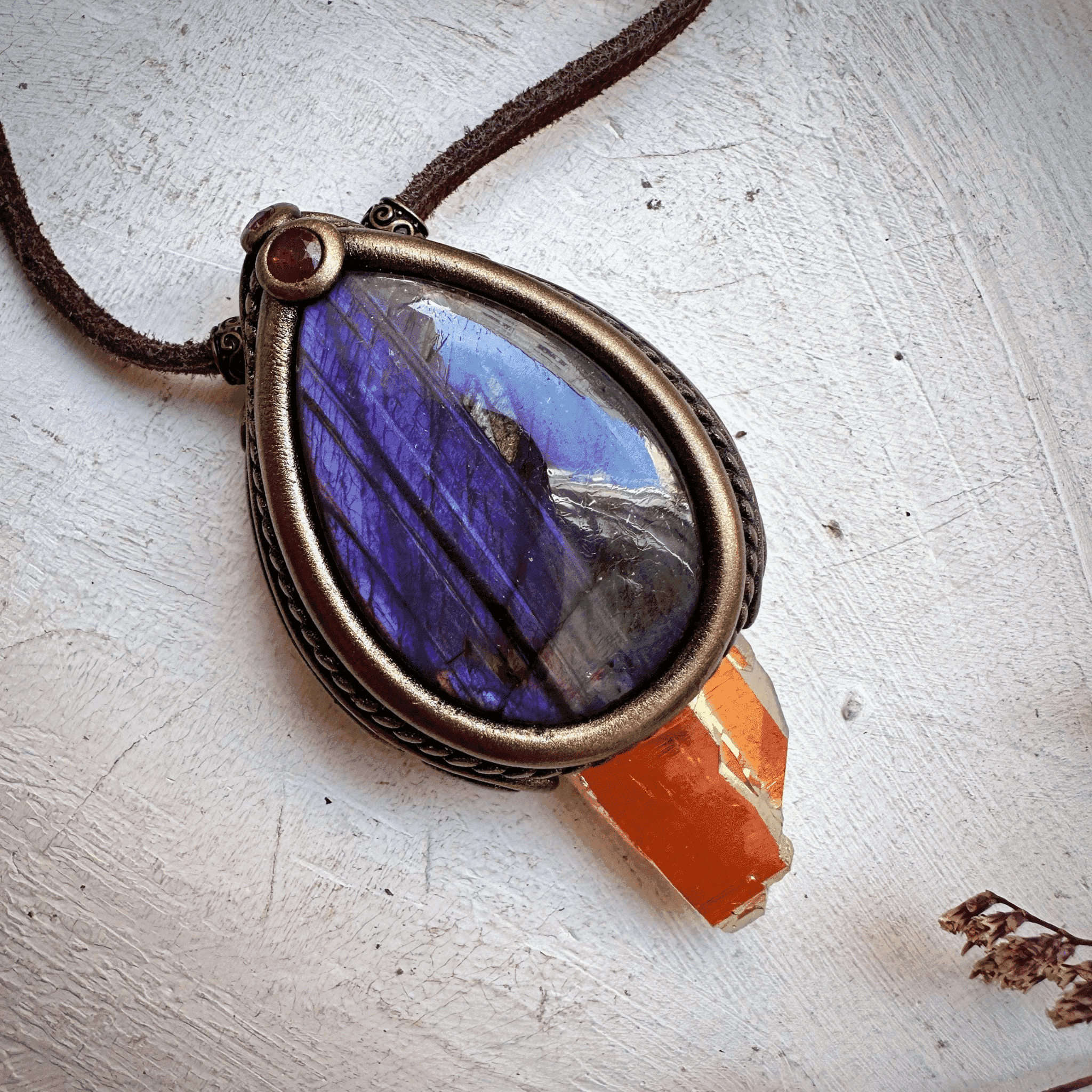Sunset Aura Quartz with Purple Labradorite and Ruby Necklace - FairyGardenGlow