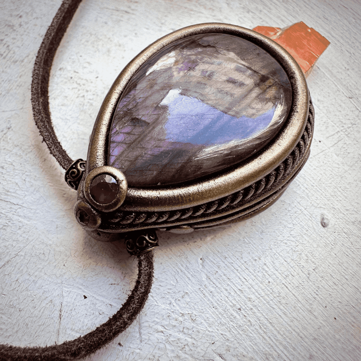 Sunset Aura Quartz with Purple Labradorite and Ruby Necklace - FairyGardenGlow