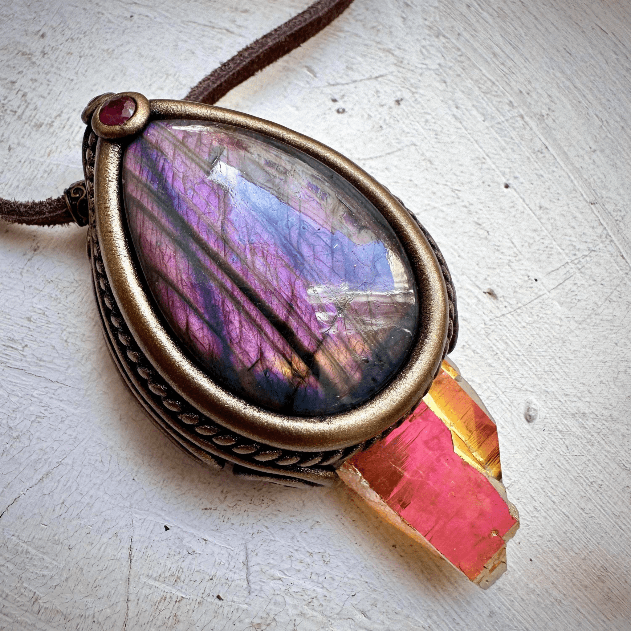 Sunset Aura Quartz with Purple Labradorite and Ruby Necklace - FairyGardenGlow