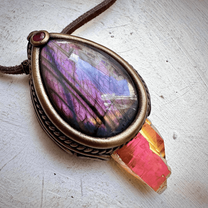 Sunset Aura Quartz with Purple Labradorite and Ruby Necklace - FairyGardenGlow