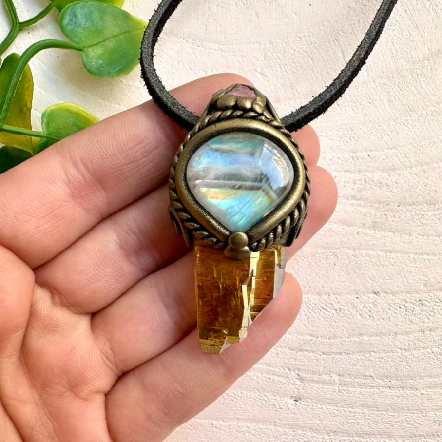 Sunset Aura Quartz, Rainbow Moonstone and Spinel pendant necklace