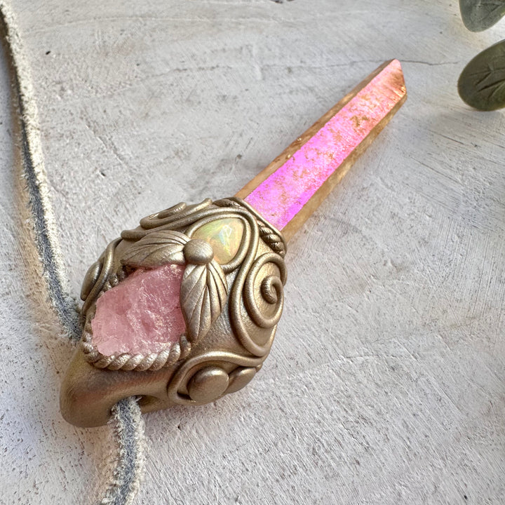 One of a kind handmade necklace combining vibrant Sunset Aura Quartz with Raw Morganite and Ethiopian Opal.