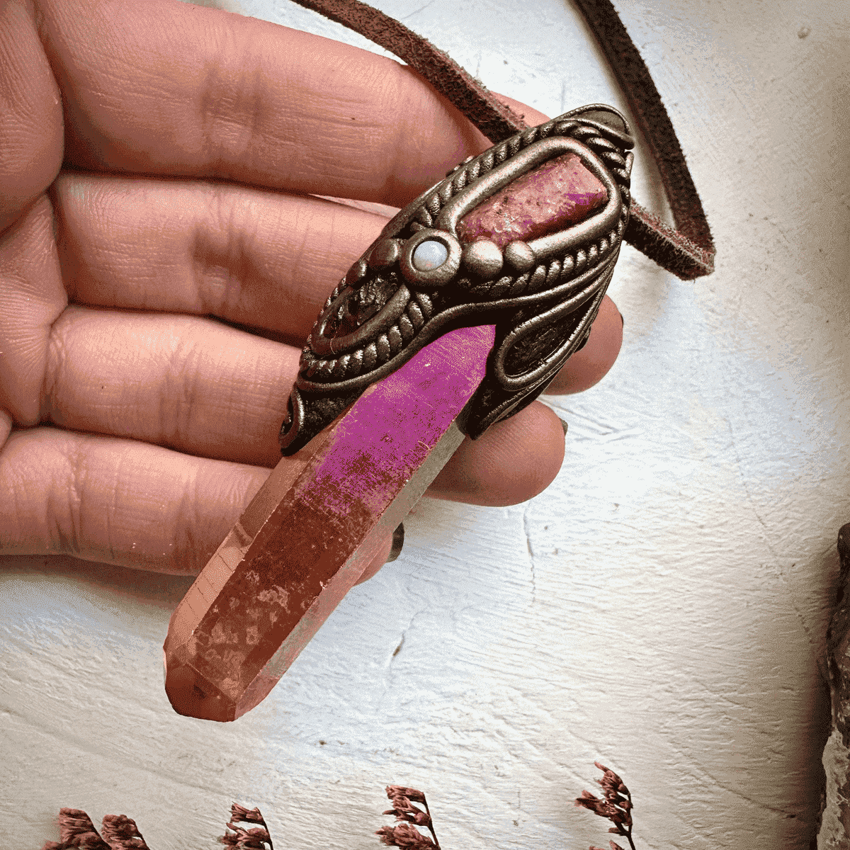 Sunset Aura Quartz Raw Ruby Rhodolite Garnet and Australian Opal Pendant Necklace - FairyGardenGlow