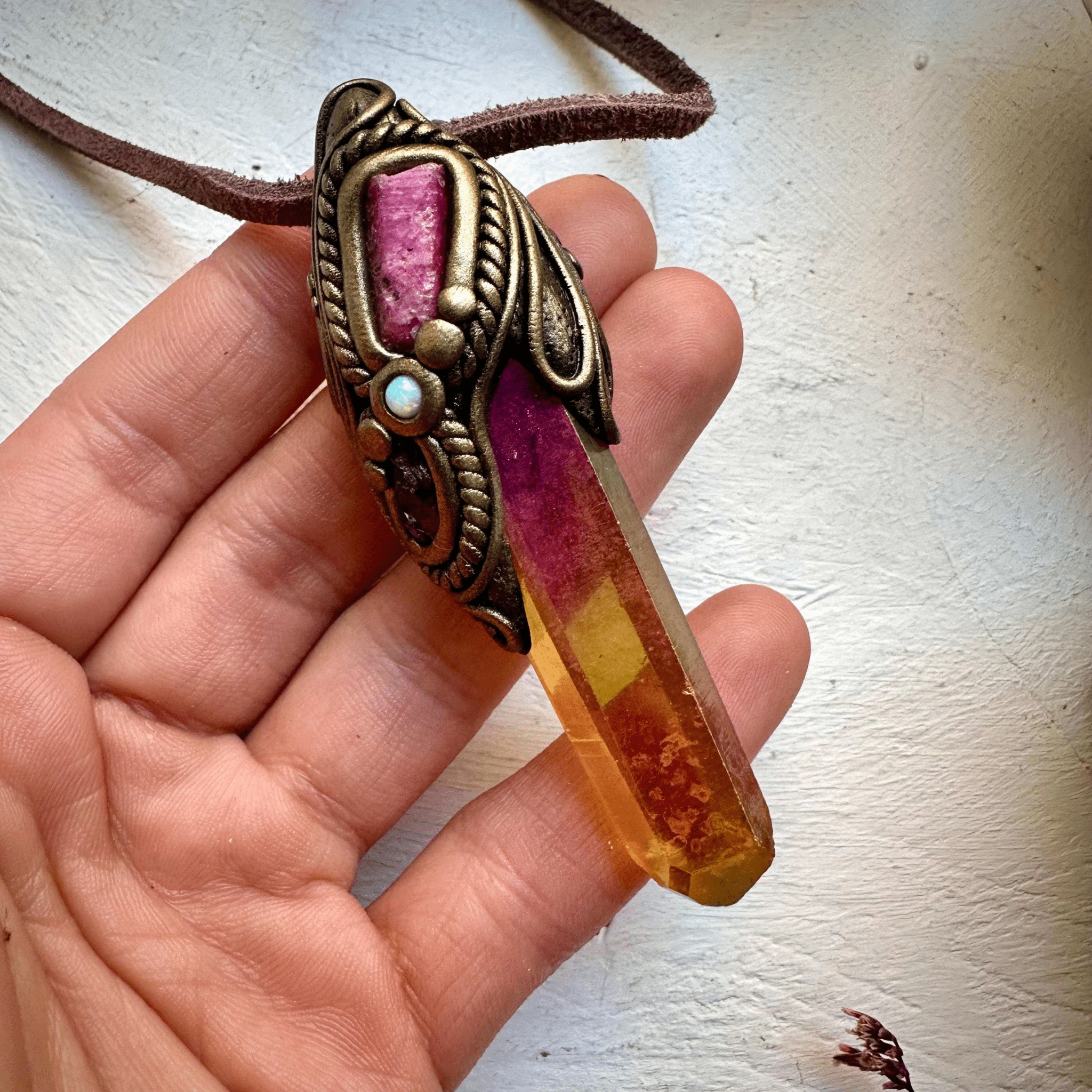 Sunset Aura Quartz Raw Ruby Rhodolite Garnet and Australian Opal Pendant Necklace - FairyGardenGlow