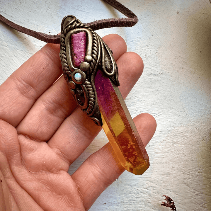 Sunset Aura Quartz Raw Ruby Rhodolite Garnet and Australian Opal Pendant Necklace - FairyGardenGlow