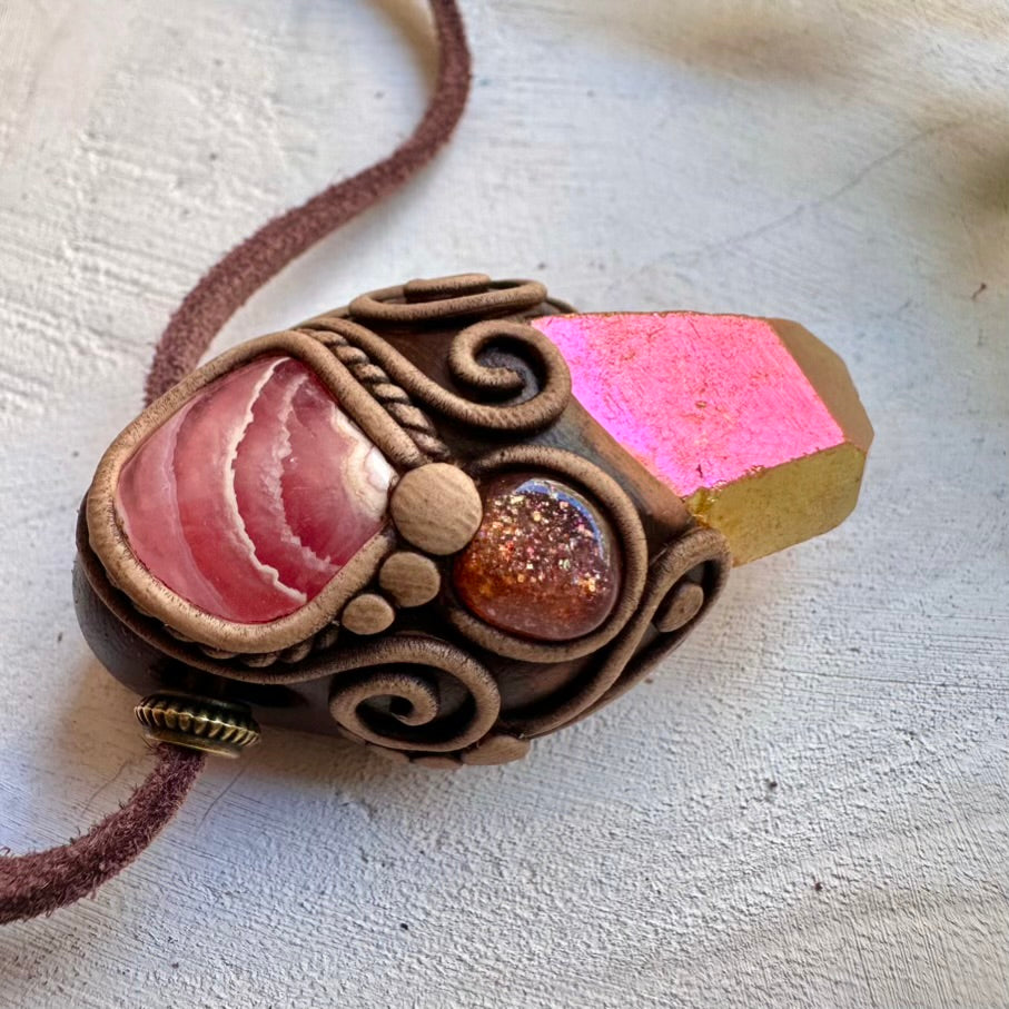 Healing gemstone necklace combining sunset aura quartz rhodochrosite and sunstone