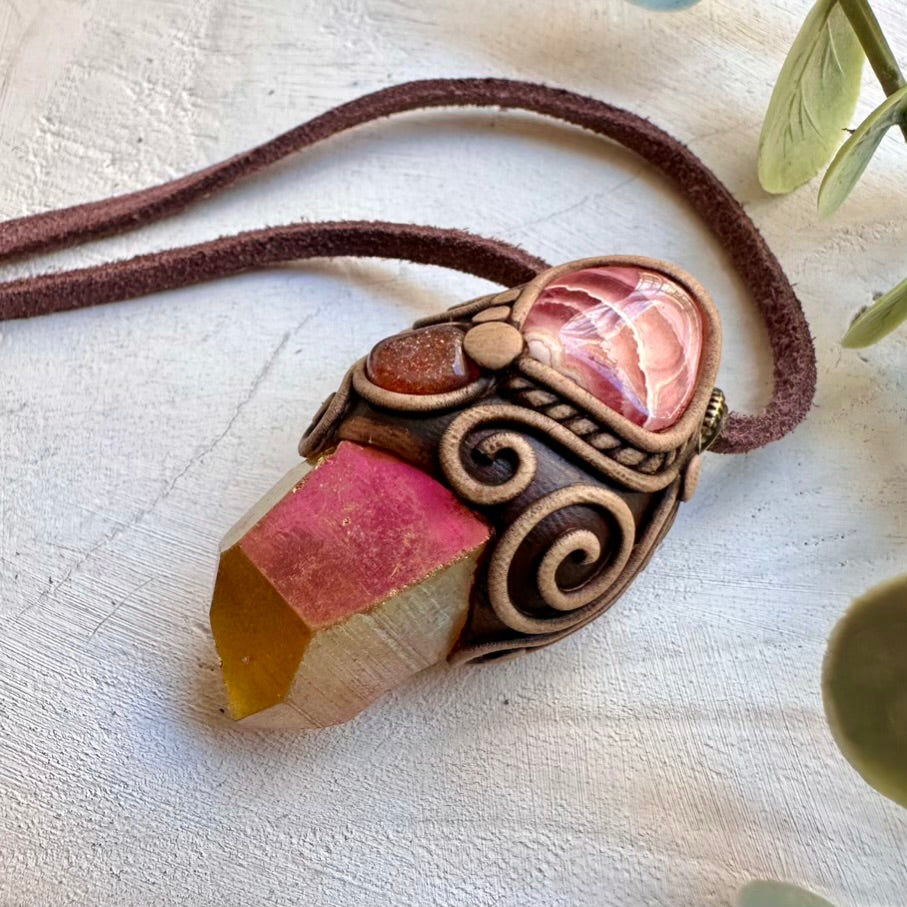 Handmade healing jewelry protection necklace with sunset aura quartz and rhodochrosite