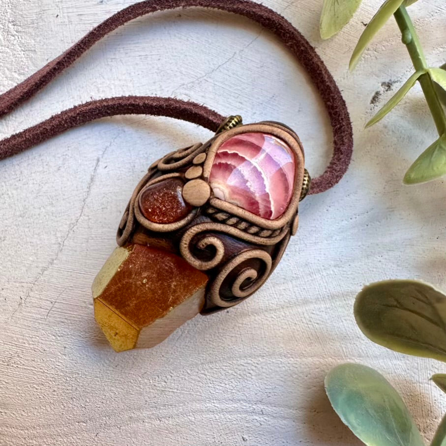 One of a kind sunset aura quartz rhodochrosite and sunstone energy healing necklace