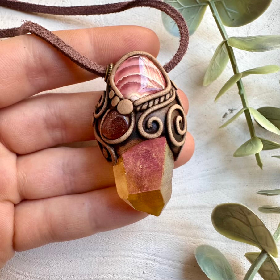 Sunset aura quartz with rhodochrosite and sunstone necklace