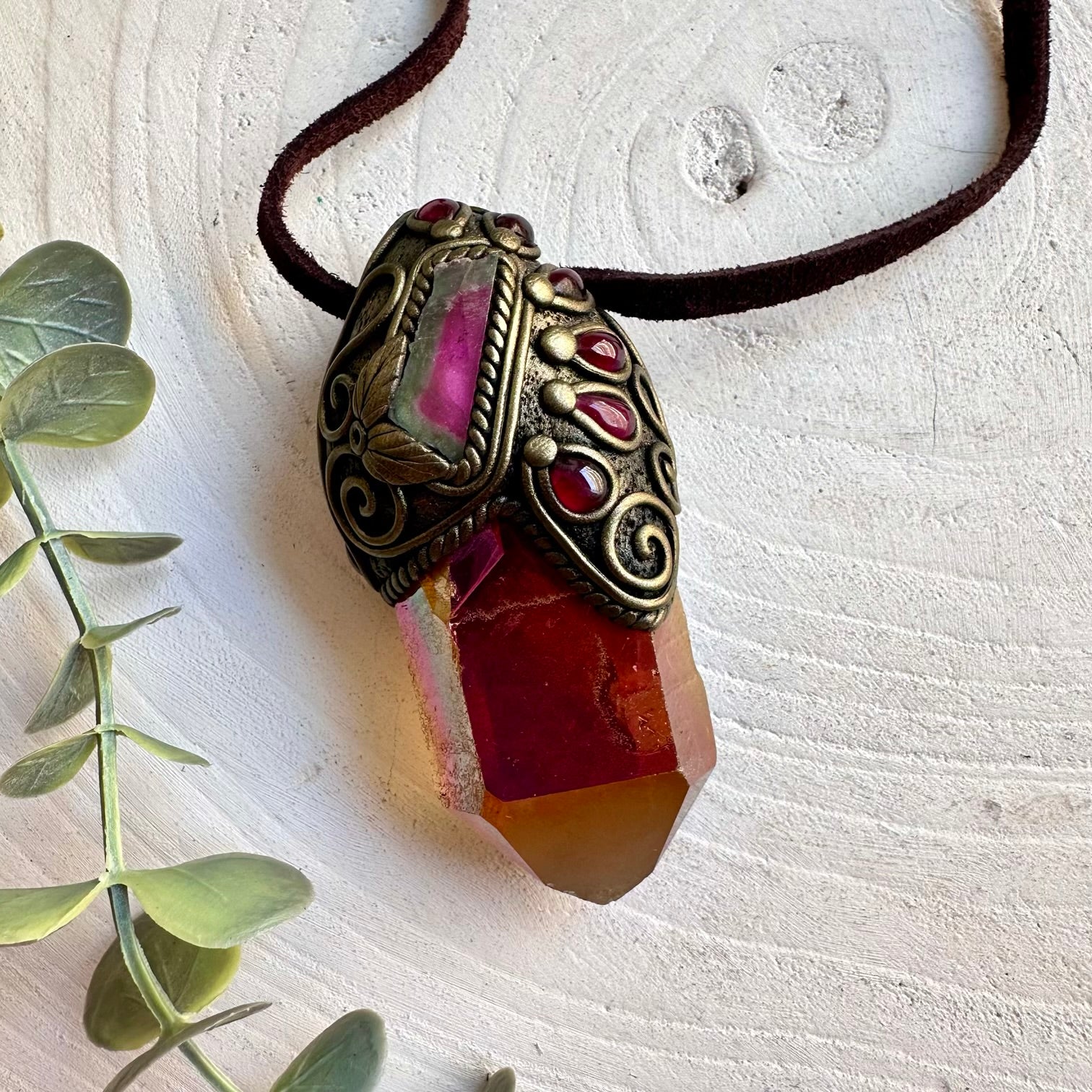 Healing crystal jewelry with luminous Sunset Aura Quartz and vibrant natural gemstone accents.