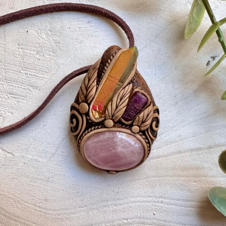 Sunset aura quartz with rose quartz and raw ruby handmade necklace