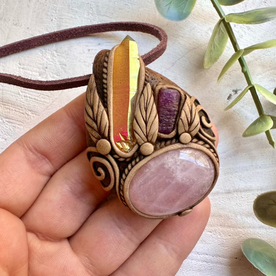 Handmade necklace featuring sunset aura quartz rose quartz and raw ruby