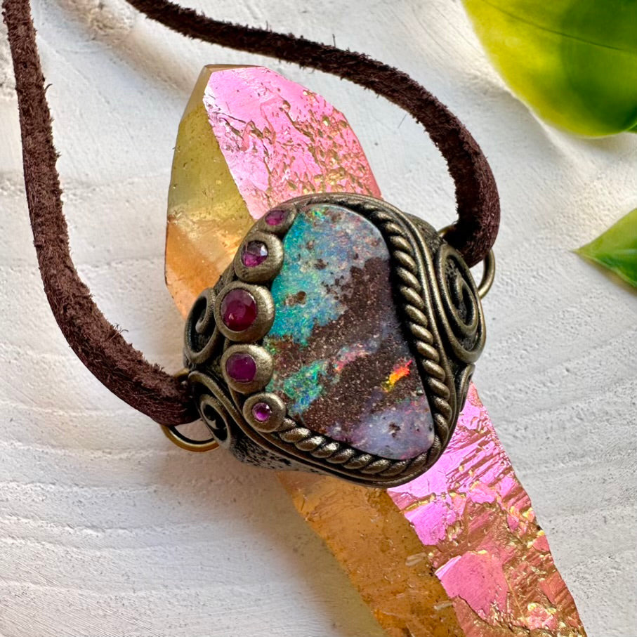 Healing crystal wand pendant with double terminated Sunset Aura Quartz