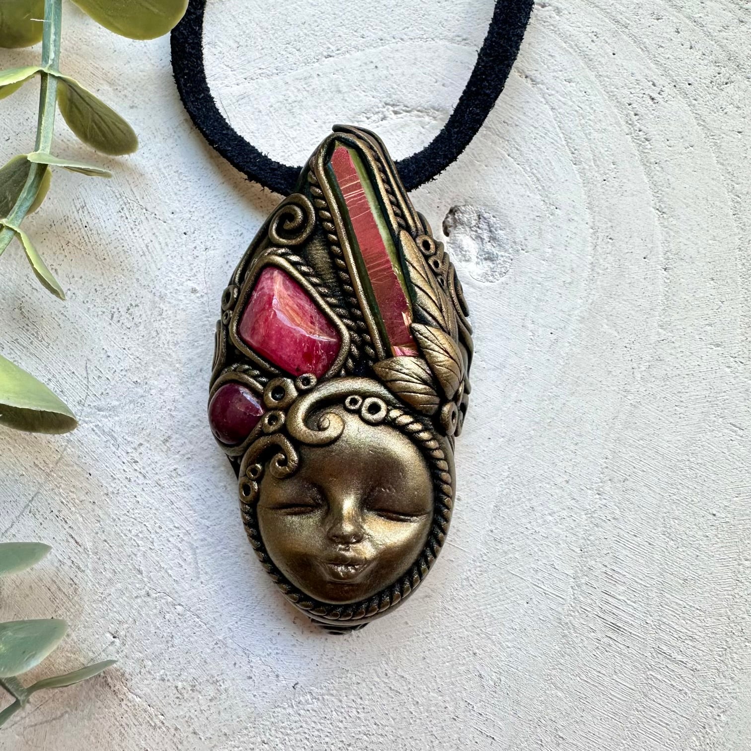 Handmade goddess necklace with aura quartz ruby and rhodonite gemstones