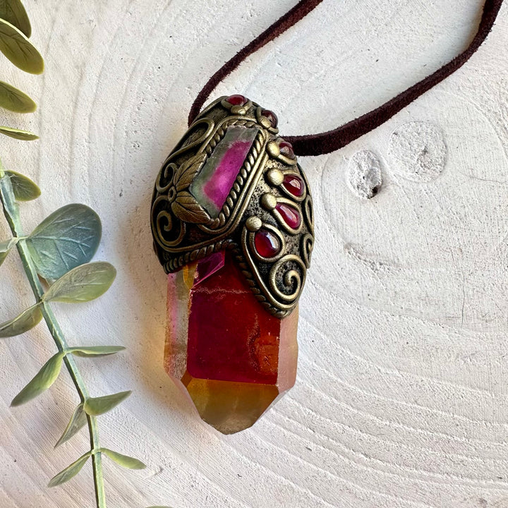 Unique crystal talisman featuring warm Sunset Aura Quartz with pink and green Watermelon Tourmaline.